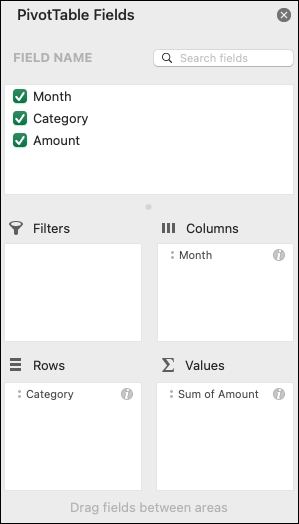 Microsoft's PivotTable Fields pane in Excel, showing where rows, columns, values, and filters are arranged