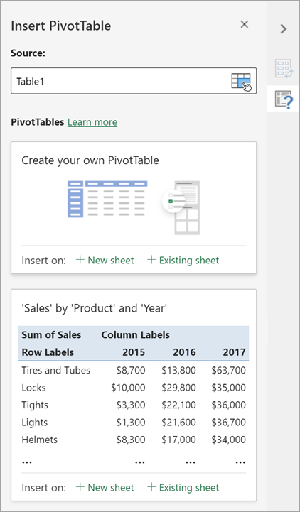 Microsoft's Insert PivotTable pane showing the source and destination settings